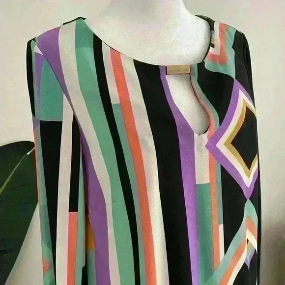 Gabby Skye Womens Midi Dress Long Sleeve Striped Print Colorful Size 10 keyhole - Picture 5 of 8